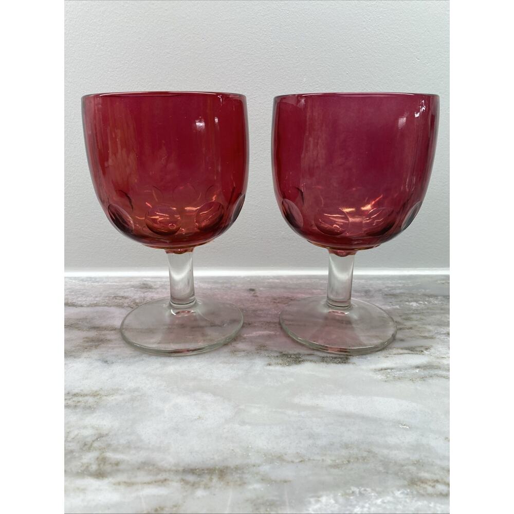 2 - Vintage Bartlett Collins Cranberry Ruby Red Flash Water Glass Goblet Clear